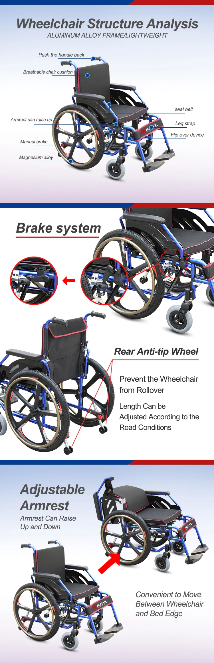 Magnesium Alloy 22/24 Inch Wheel Folding Aluminum Manual Wheelchair Medical Products Steel Wheelchair Easy to Maneuver Disability Products for Disabled People